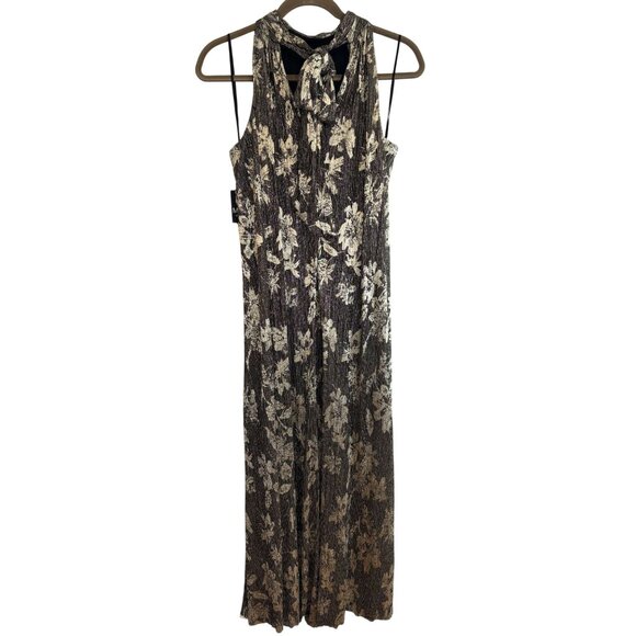 MSK Gold & Black Floral Pleated Metallic Maxi Wide Leg Pantsuit Romper Size - PL - Picture 2 of 7